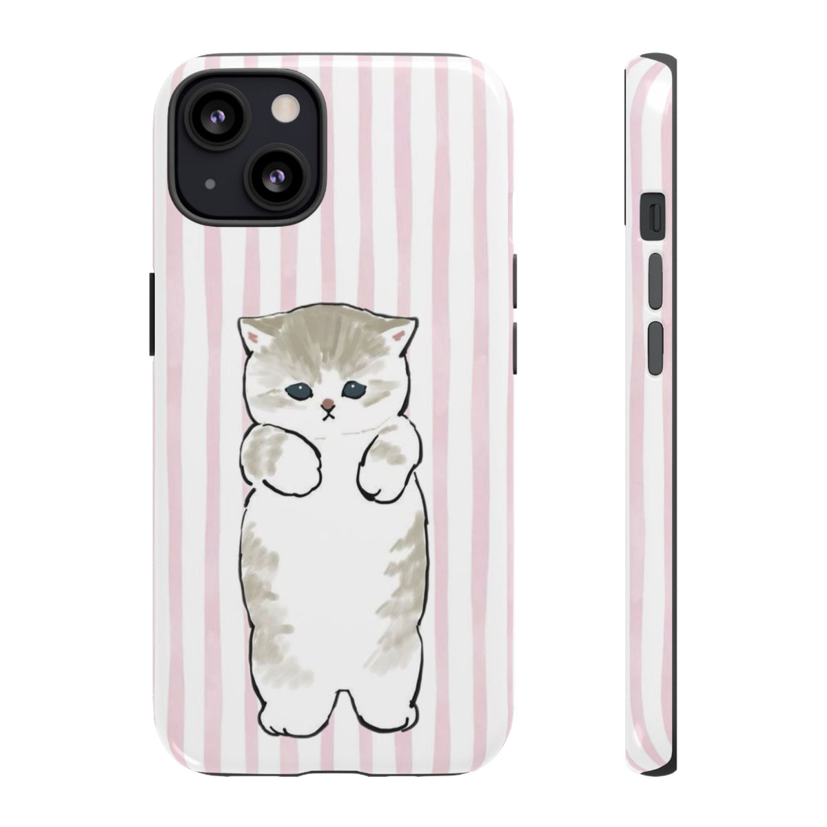 Cute Cat Tough Phone Case with Pink Stripes