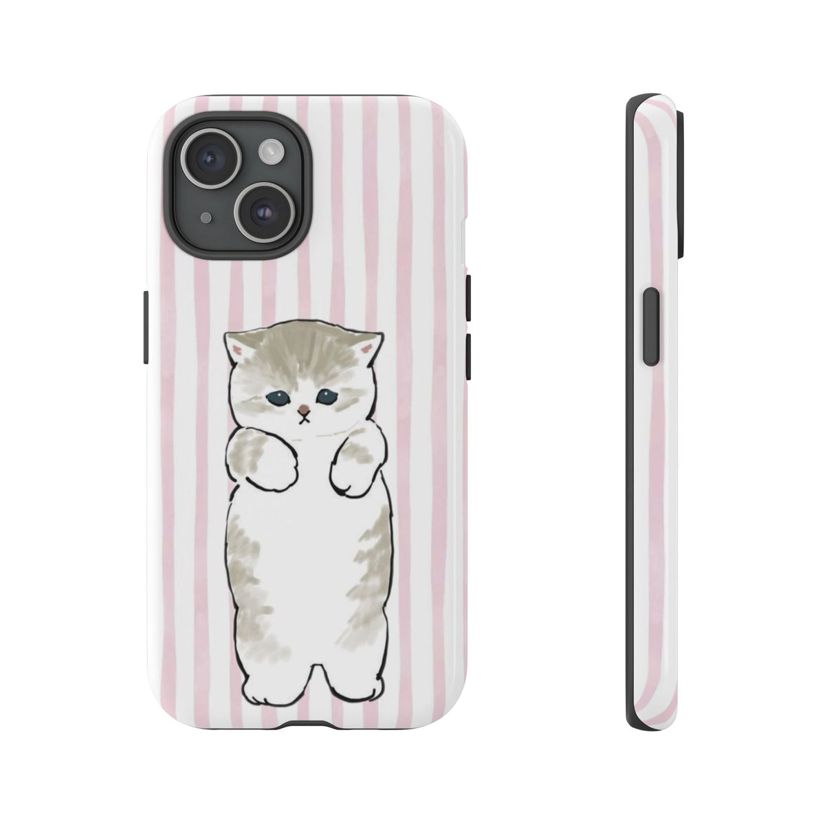 Cute Cat Tough Phone Case with Pink Stripes
