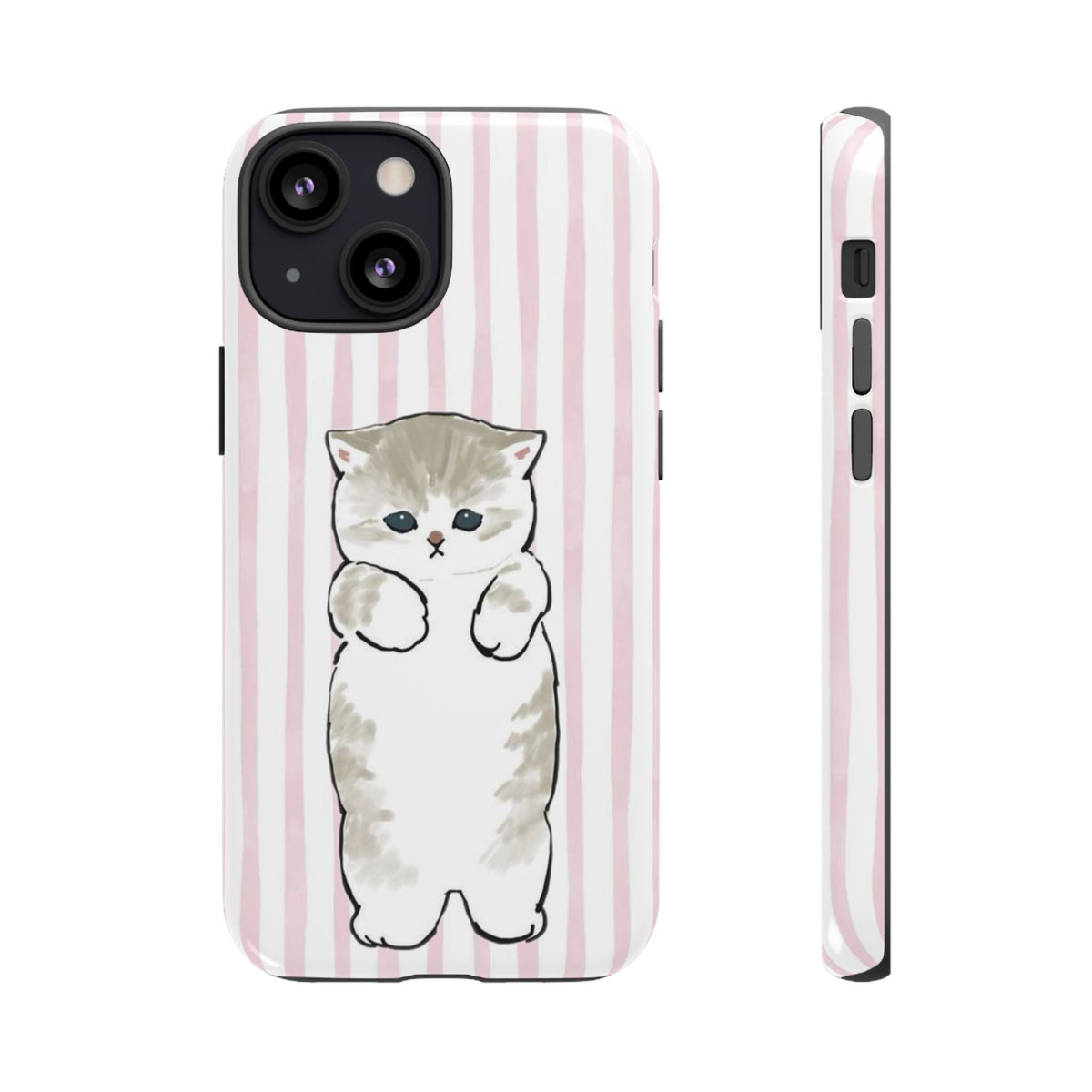 Cute Cat Tough Phone Case with Pink Stripes