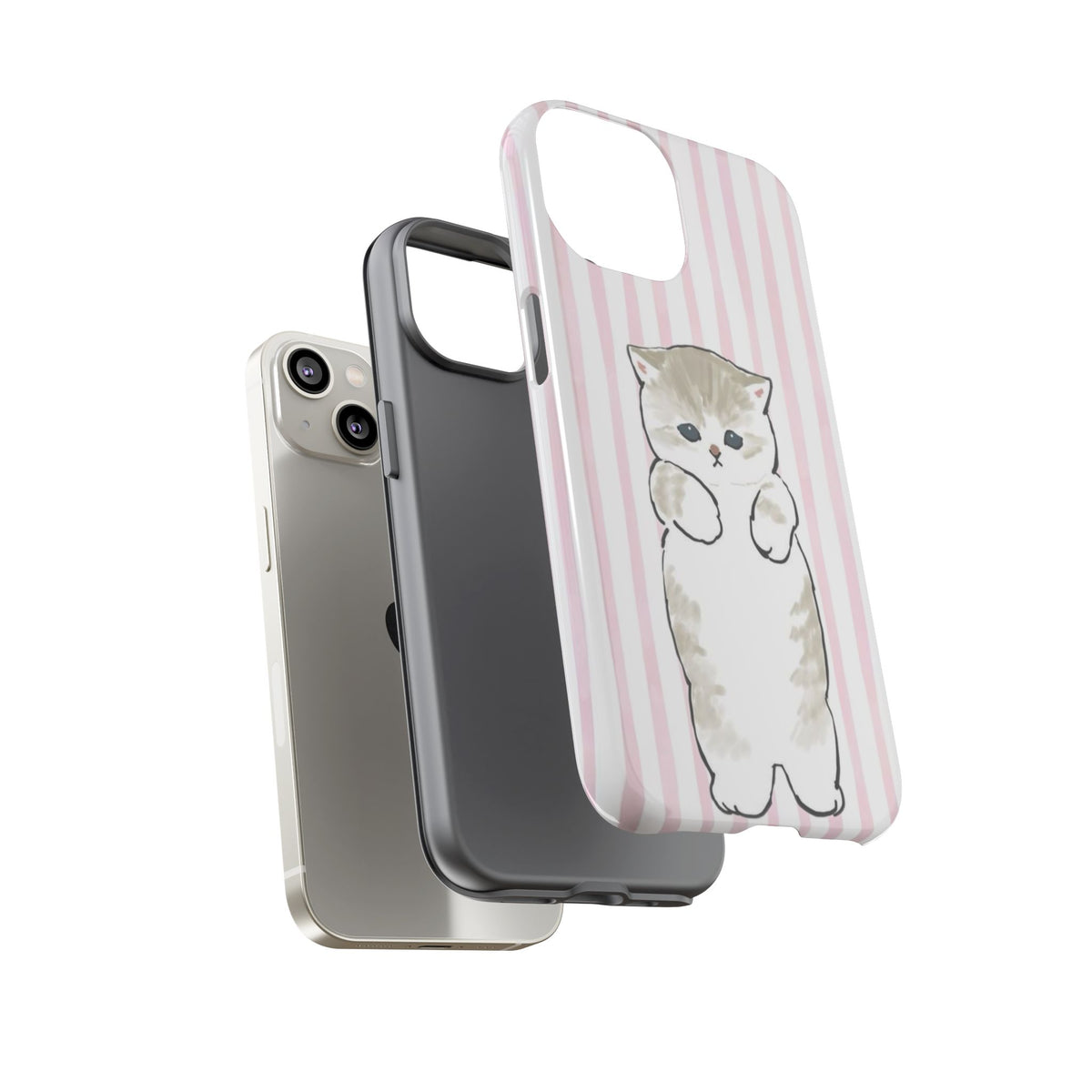 Cute Cat Tough Phone Case with Pink Stripes