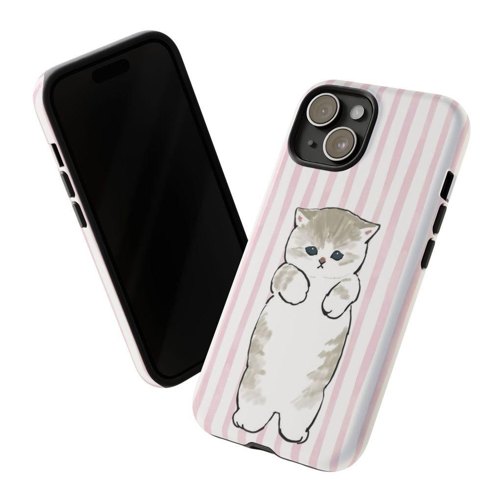 Cute Cat Tough Phone Case with Pink Stripes