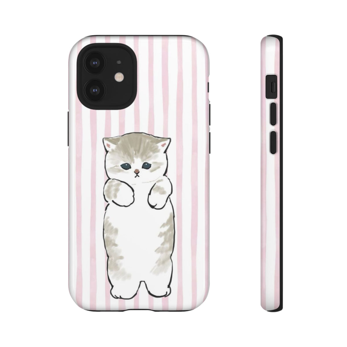 Cute Cat Tough Phone Case with Pink Stripes