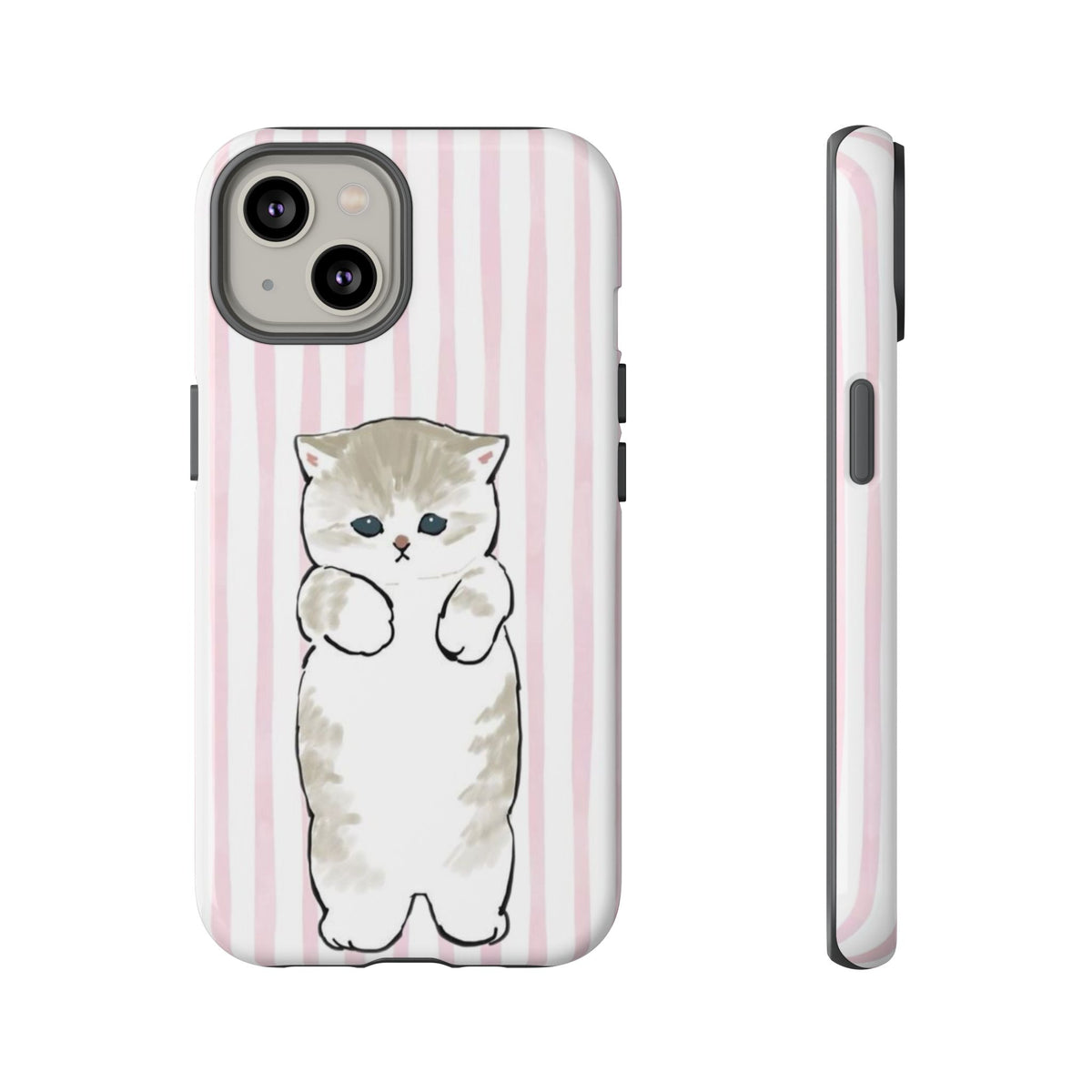 Cute Cat Tough Phone Case with Pink Stripes