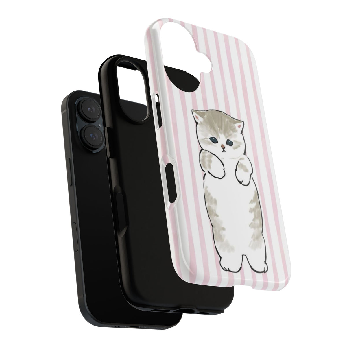 Cute Cat Tough Phone Case with Pink Stripes