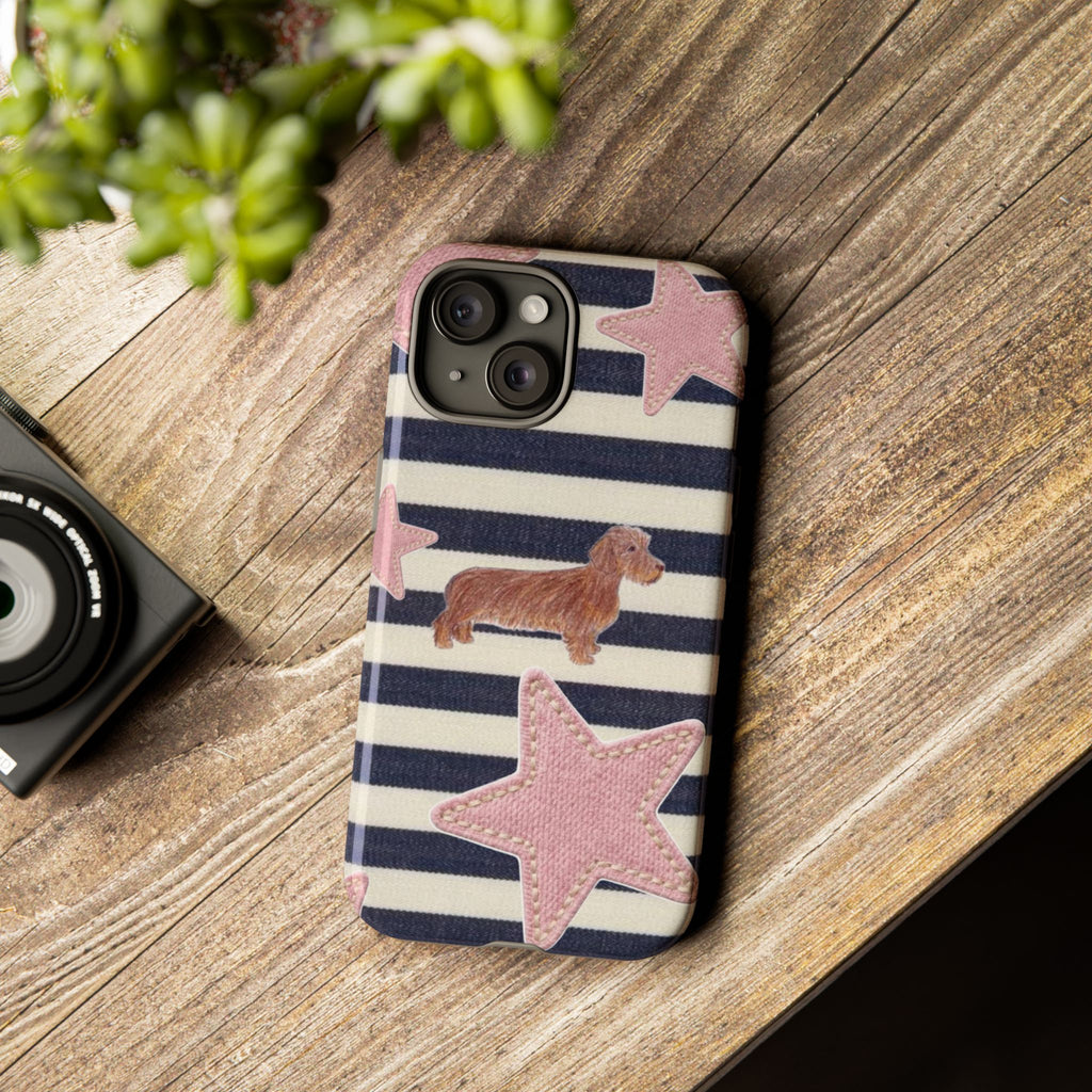 Nautical Striped Dachshund & Pink Starfish Tough Phone Case