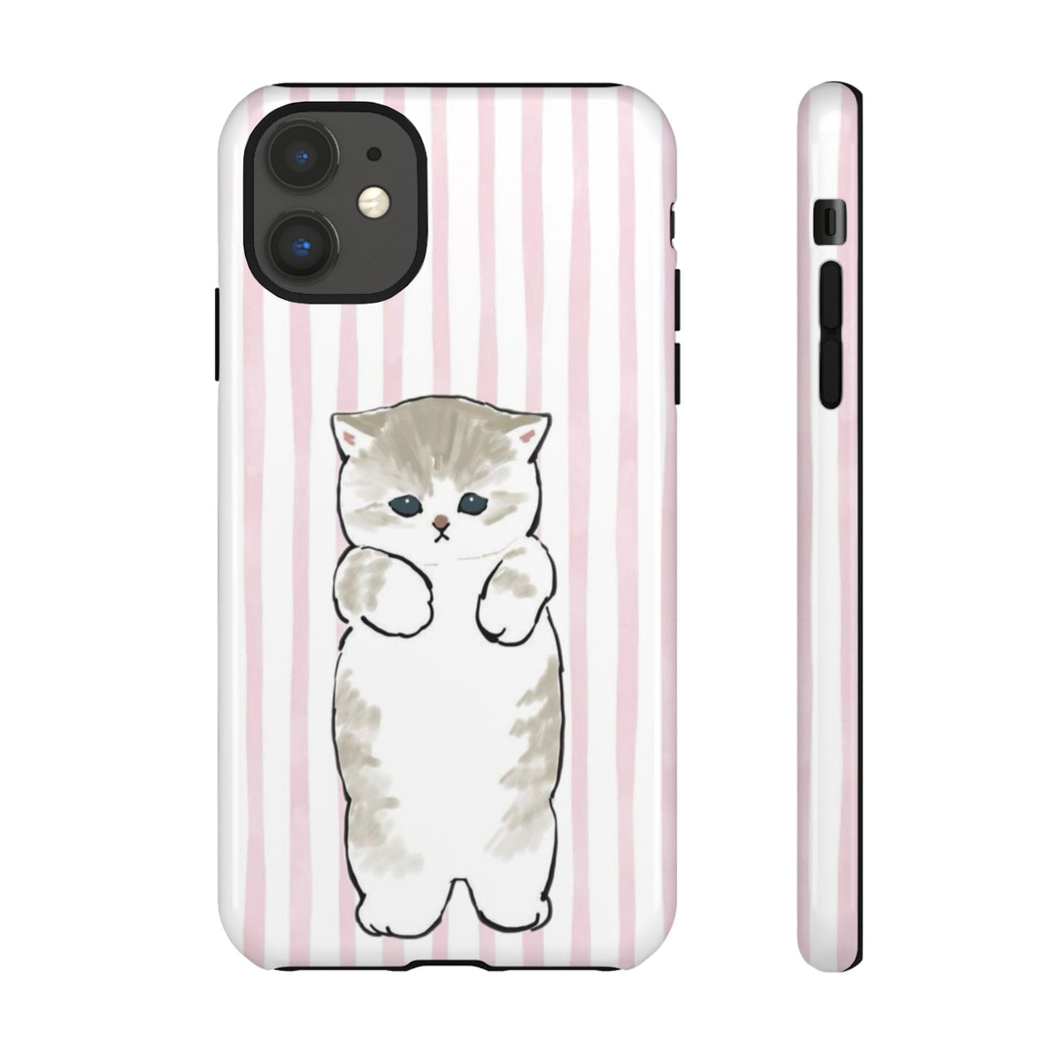 Cute Cat Tough Phone Case with Pink Stripes